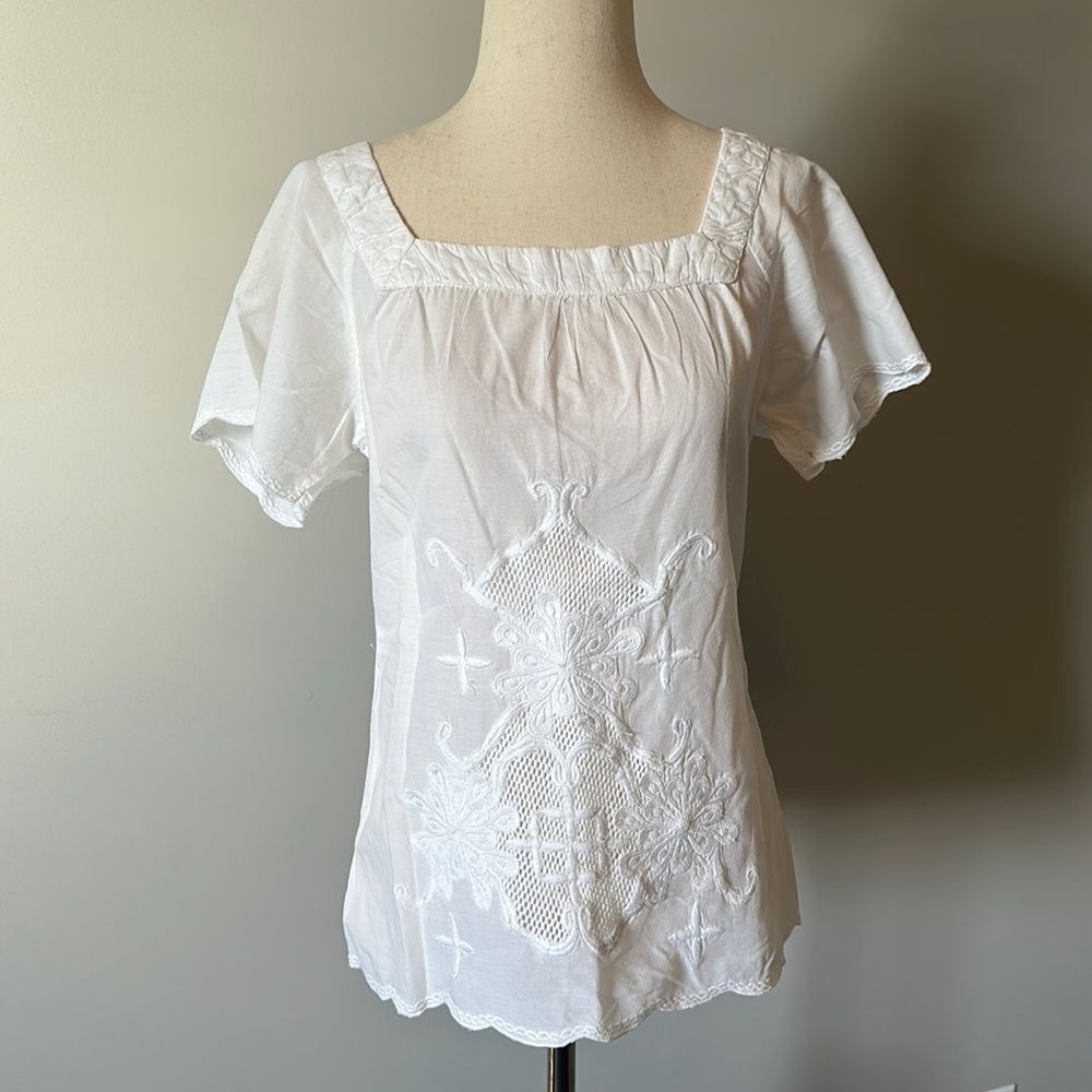Matty M sz XS white tunic square neck shirt sleeve light top embroidered blouse
